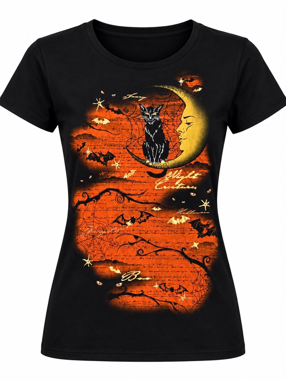 Way to Celebrate Halloween Black Cat Crescent Moon Witchy Tee NWT L 100% Cotton
